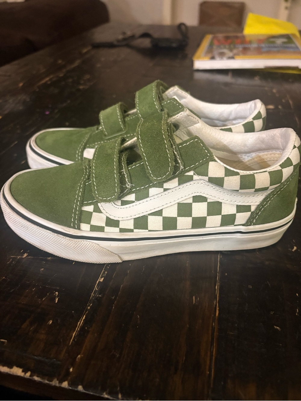 Vans Kids Green and White Checkerboard Velcro Sneakers